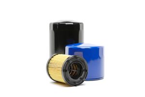 Automotive oil filter shot on white.